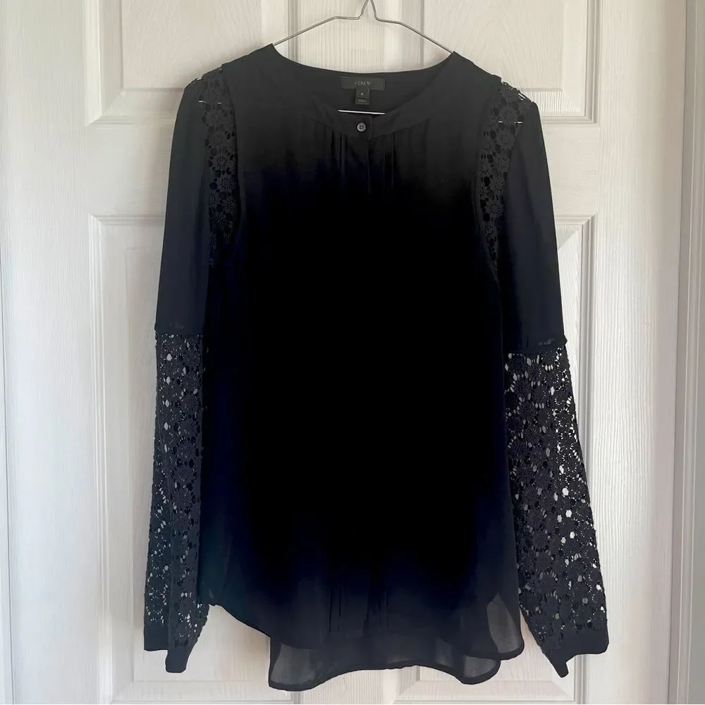 J.Crew Lace-Sleeved Blouse in Black Sz6 Gently Loved